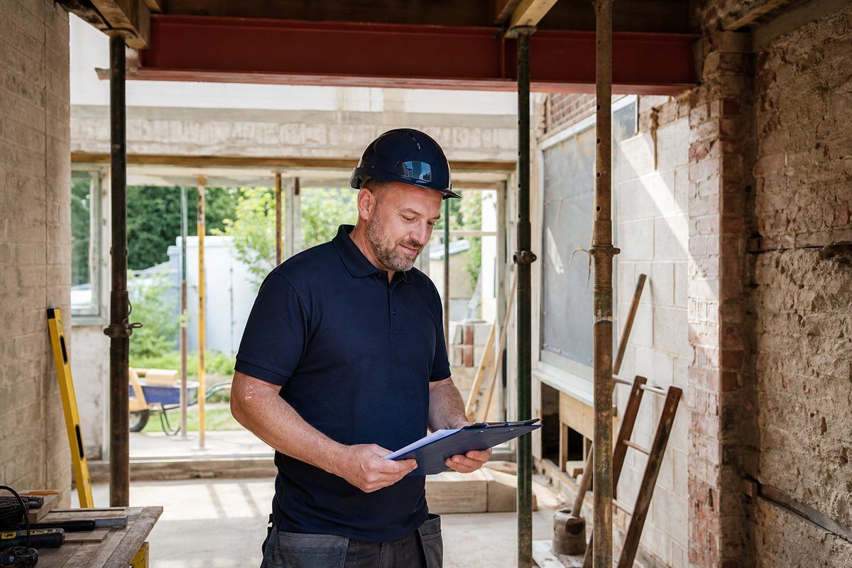 A Domus Improvements site manager reviewing plans on site